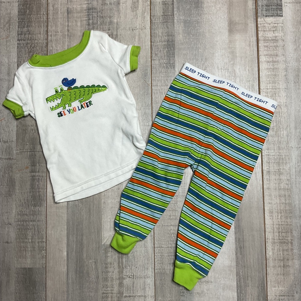 Faded Glory Boys Organic Cotton Alligator Pajama Set White Green Striped 6-9M
